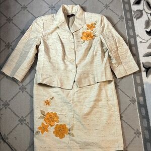 Simon Chang Cream Silk Textured Skirt Set with Floral Embellishments